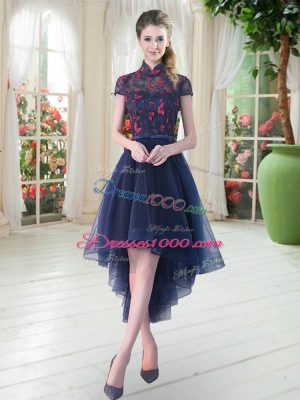 Glittering Navy Blue A-line High-neck Short Sleeves Tulle High Low Zipper Lace Evening Dress