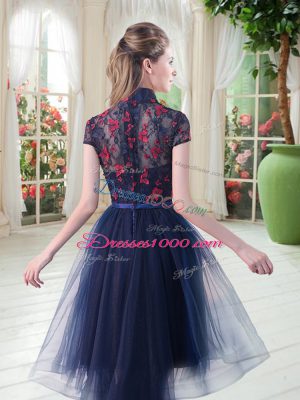 Glittering Navy Blue A-line High-neck Short Sleeves Tulle High Low Zipper Lace Evening Dress