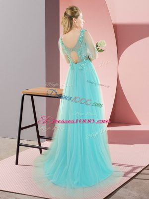 Sleeveless Sweep Train Backless Appliques Dress for Prom