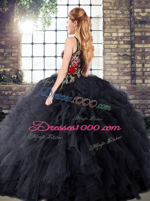 Flare Black Quinceanera Dress Military Ball and Sweet 16 and Quinceanera with Embroidery and Ruffles Bateau Sleeveless Zipper