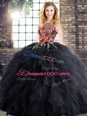 Flare Black Quinceanera Dress Military Ball and Sweet 16 and Quinceanera with Embroidery and Ruffles Bateau Sleeveless Zipper