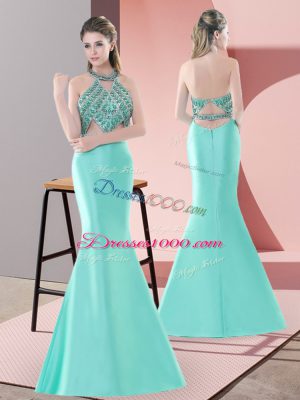 Satin Halter Top Sleeveless Sweep Train Backless Beading Homecoming Dress in Blue and Apple Green