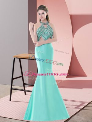 Satin Halter Top Sleeveless Sweep Train Backless Beading Homecoming Dress in Blue and Apple Green