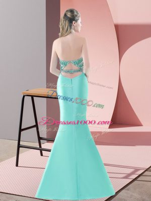 Satin Halter Top Sleeveless Sweep Train Backless Beading Homecoming Dress in Blue and Apple Green