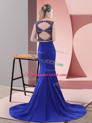 Scoop Sleeveless Evening Gowns Sweep Train Beading Purple Satin