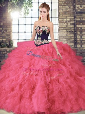 Floor Length Hot Pink Quinceanera Gowns Sweetheart Sleeveless Lace Up