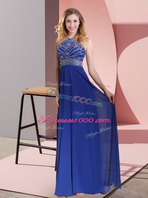 Dramatic Blue Empire High-neck Sleeveless Satin Sweep Train Criss Cross Beading and Lace Prom Dress