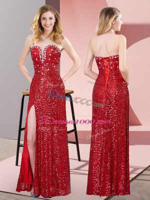Red Column/Sheath Sweetheart Sleeveless Sequined Floor Length Lace Up Beading and Lace Evening Dress