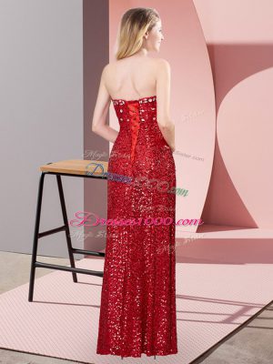 Red Column/Sheath Sweetheart Sleeveless Sequined Floor Length Lace Up Beading and Lace Evening Dress