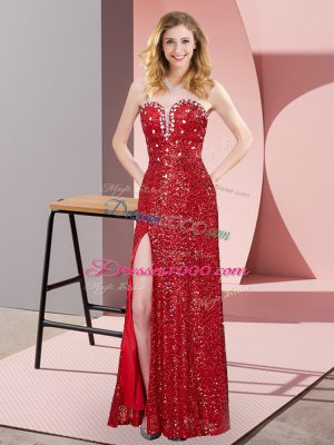 Red Column/Sheath Sweetheart Sleeveless Sequined Floor Length Lace Up Beading and Lace Evening Dress