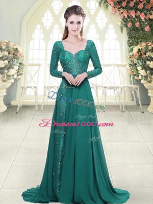 Green Long Sleeves Beading and Lace Backless Evening Dress