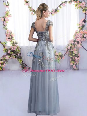 Grey Scoop Lace Up Lace Wedding Guest Dresses Cap Sleeves