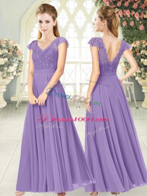 Dynamic Lavender V-neck Zipper Lace Evening Dress Cap Sleeves