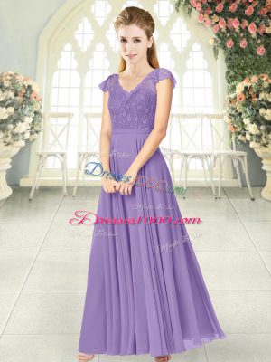 Dynamic Lavender V-neck Zipper Lace Evening Dress Cap Sleeves