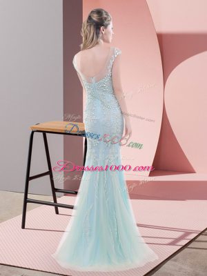 Blue Cap Sleeves Beading Floor Length Prom Dress