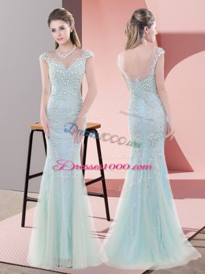 Blue Cap Sleeves Beading Floor Length Prom Dress