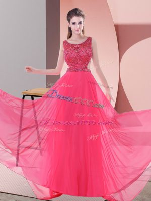 Affordable Scoop Sleeveless Dress for Prom Sweep Train Beading Coral Red Chiffon