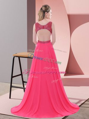 Affordable Scoop Sleeveless Dress for Prom Sweep Train Beading Coral Red Chiffon