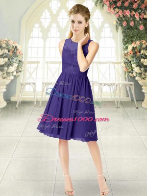 Purple Empire Chiffon Scoop Sleeveless Lace Knee Length Zipper Evening Dress