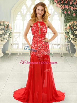 Great Sleeveless Chiffon Brush Train Backless Dress for Prom in Red with Lace