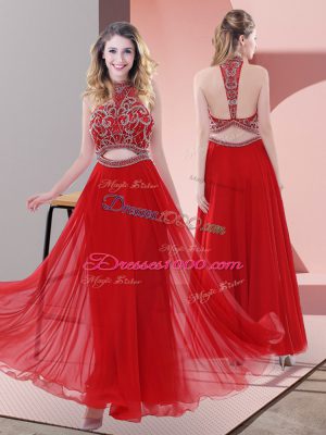 Cute Ankle Length Red Prom Party Dress Halter Top Sleeveless Backless