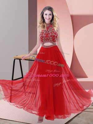 Cute Ankle Length Red Prom Party Dress Halter Top Sleeveless Backless