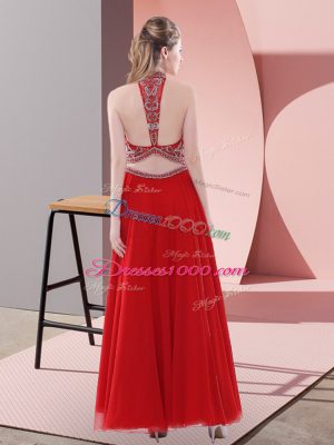 Cute Ankle Length Red Prom Party Dress Halter Top Sleeveless Backless