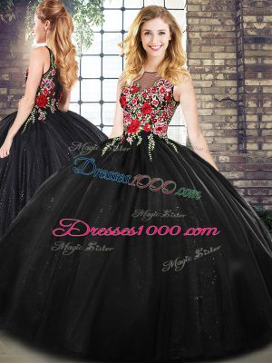 Glittering Floor Length Zipper Sweet 16 Dress Black for Military Ball and Sweet 16 and Quinceanera with Embroidery