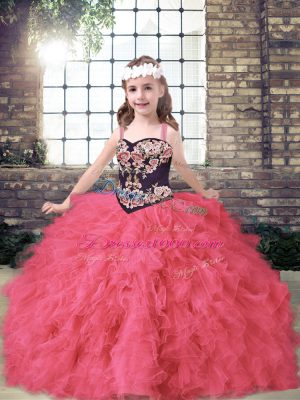 Straps Sleeveless Tulle Glitz Pageant Dress Embroidery and Ruffles Lace Up