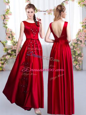 Attractive Sleeveless Floor Length Beading and Appliques Backless Bridesmaid Dresses with Red