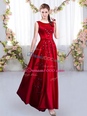Attractive Sleeveless Floor Length Beading and Appliques Backless Bridesmaid Dresses with Red