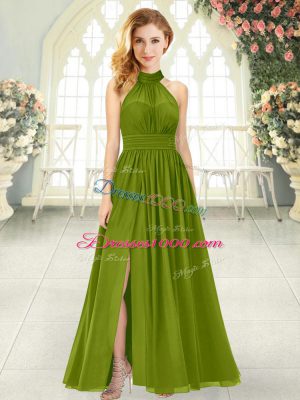 Olive Green Sleeveless Ankle Length Ruching Zipper Prom Party Dress