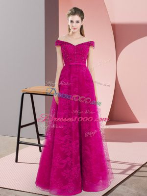 Stylish Fuchsia Evening Dress Prom and Party with Beading and Lace Off The Shoulder Sleeveless Lace Up