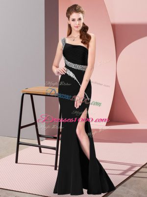 Sleeveless Satin Floor Length Zipper Prom Gown in Black with Beading