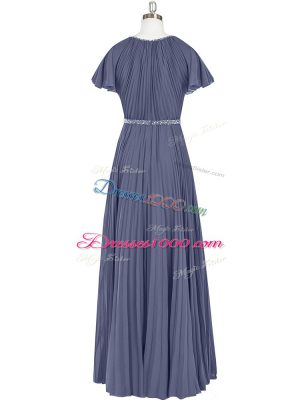 Discount Floor Length Blue Chiffon Short Sleeves Beading and Pleated