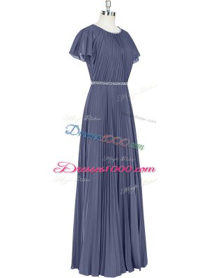 Discount Floor Length Blue Chiffon Short Sleeves Beading and Pleated