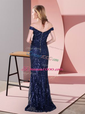 Eye-catching Navy Blue Zipper Off The Shoulder Ruching Evening Dress Sequined Sleeveless