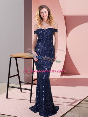 Eye-catching Navy Blue Zipper Off The Shoulder Ruching Evening Dress Sequined Sleeveless