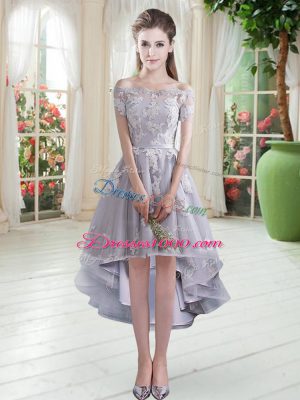 Affordable High Low A-line Cap Sleeves Silver Prom Dress Lace Up