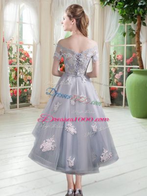 Affordable High Low A-line Cap Sleeves Silver Prom Dress Lace Up