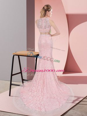 Pink Prom Dresses Lace Court Train Sleeveless Beading