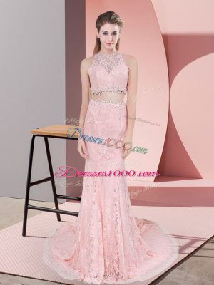 Pink Prom Dresses Lace Court Train Sleeveless Beading