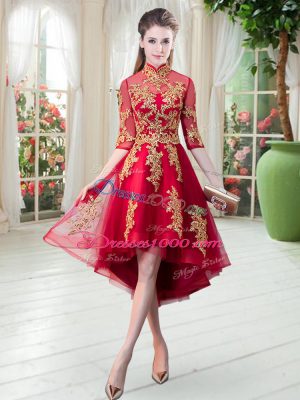 Sexy Tulle High-neck Half Sleeves Zipper Appliques Prom Gown in Red