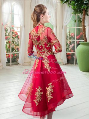 Sexy Tulle High-neck Half Sleeves Zipper Appliques Prom Gown in Red