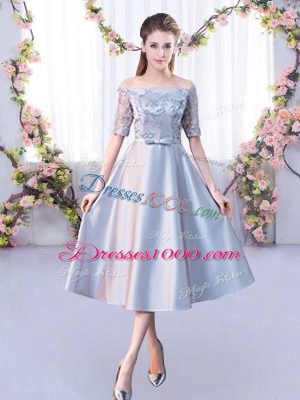 Lace Wedding Guest Dresses Silver Lace Up Half Sleeves Tea Length