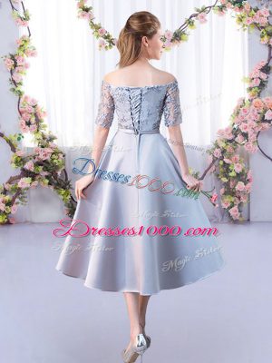 Lace Wedding Guest Dresses Silver Lace Up Half Sleeves Tea Length