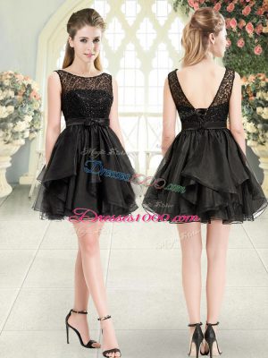 Sophisticated Black Organza Lace Up Scoop Sleeveless Mini Length Dress for Prom Beading and Lace
