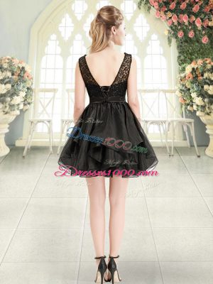 Sophisticated Black Organza Lace Up Scoop Sleeveless Mini Length Dress for Prom Beading and Lace