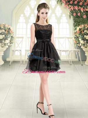 Sophisticated Black Organza Lace Up Scoop Sleeveless Mini Length Dress for Prom Beading and Lace