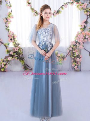 Stylish Blue Half Sleeves Floor Length Lace Lace Up Bridesmaids Dress